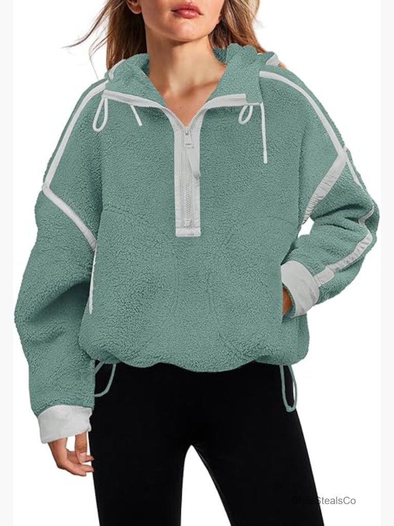 Half Zip Fleece Pullover Oversized Hooded Sweatshirt Cozy Sherpa Jacket